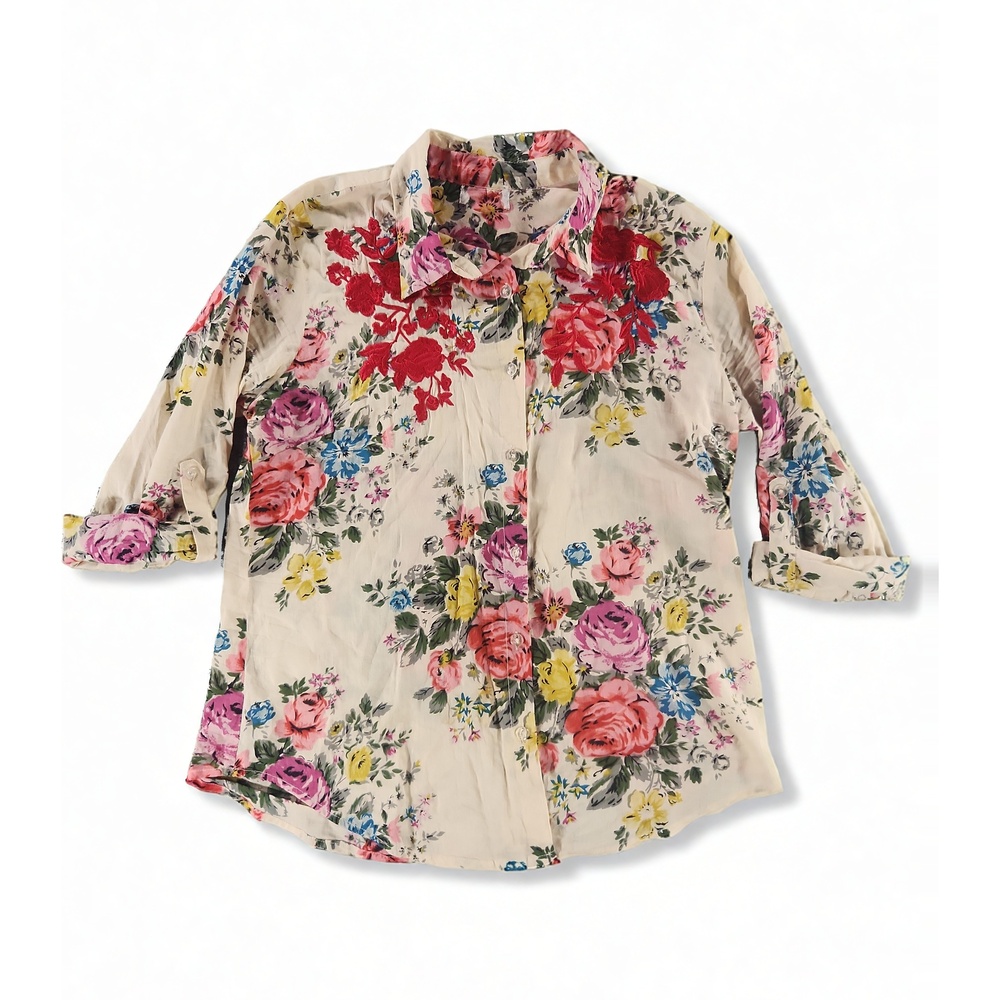 Floral Embroidered Blouse Size M Button Up Shirt Cottagecore Boho Festival Top